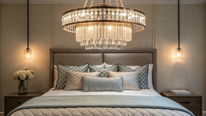 Poster - A medium closeup of the finished chandelier casting a glow over a neatly made bed highlighting decorative pillows and a calming color scheme that embodies a restful retreat.