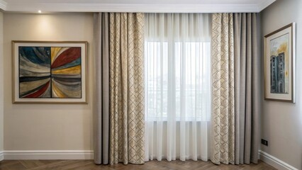 Aufkleber - A medium closeup of the finished installation where the curtains perfectly frame a contemporary piece of artwork on the wall marrying functionality with artistic expression.