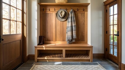 Aufkleber - A medium closeup of the entrance to a mudroom where a custombuilt bench with a hat and scarf draped over it creates an inviting atmosphere with sunlight streaming through a window.