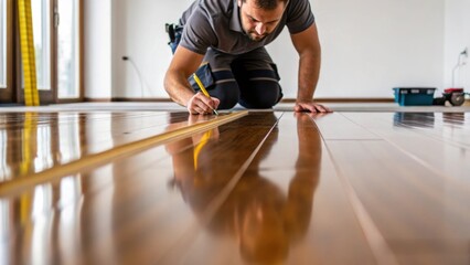 Aufkleber - A medium closeup of the installer checking their progress in a reflective surface assessing the alignment and shine of the newly finished hardwood floor.