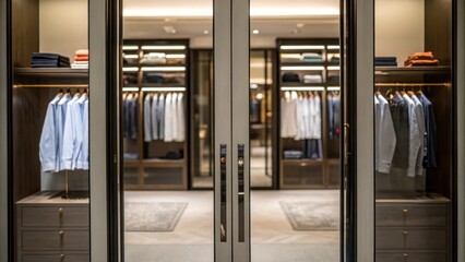 Aufkleber - A medium closeup of the mirrored doors partially od revealing neatly organized clothing with the door reflections giving a sense of depth to the closet interior.