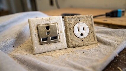 Aufkleber - A medium closeup of the old socket remnants on a drop cloth with dust and debris contrasting with the shiny new USBcompatible socket ready for installation.