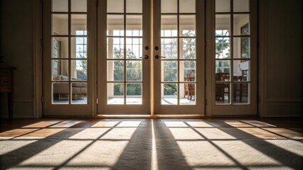 Aufkleber - A medium closeup of the light filtering through the glass panes of the French doors casting playful shadows on the floor and emphasizing the airy feel of the room.