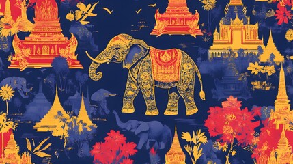 Vibrant elephant illustration, colorful patterns with traditional motifs, ideal for textiles or artistic projects.