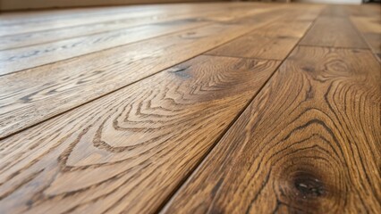Aufkleber - A medium closeup of the textured surface of a newly installed hardwood plank highlighting the rich wood grain and natural variations in color tones.