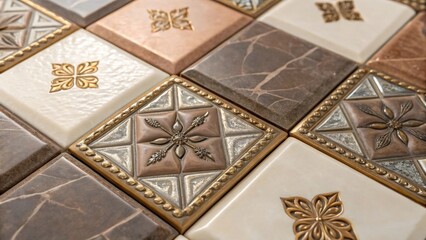 Aufkleber - A medium closeup of tiles embedded with metallic accents amidst a backdrop of subdued colors highlighting the unexpected elegance of the material mix.