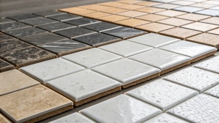 Aufkleber - A medium closeup of tiles in various texturessome matte some polishedjuxtaposed against one another revealing the tactile nature of the installation.