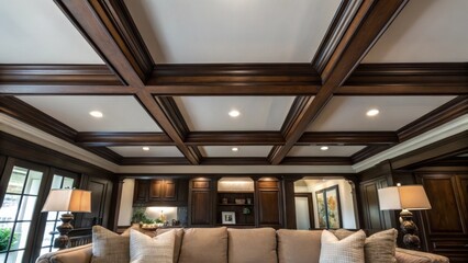 Aufkleber - A medium closeup perspective of a living room where a freshly painted coffered ceiling contrasts with dark wood beams elegantly framing a cozy seating area below filled with plush