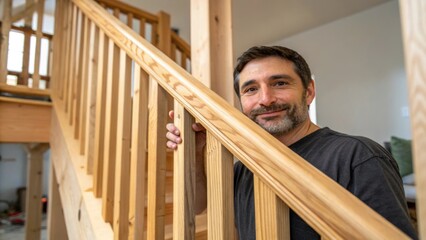 Poster - A medium closeup perspective of a homeowner inspecting a newly installed wooden railing their face reflecting satisfaction and pride amidst the ongoing renovation.