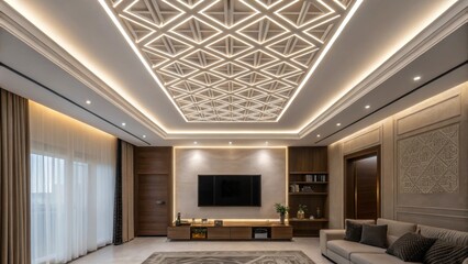 Aufkleber - A medium closeup revealing a contemporary living room with a recessed ceiling where geometric patterns create a dynamic visual flow complemented by hidden LED strips.