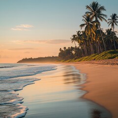 Poster - Serenity at a tropical beach during sunset with gentle waves and palm trees lining the shore. Generative AI