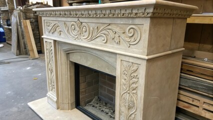 Aufkleber - A medium closeup revealing a handcrafted concrete fireplace with a subtle sheen adorned with carved designs that emphasize the craftsmanship.