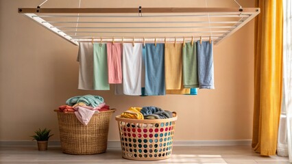 Poster - A medium closeup shot of a laundry room featuring a ceilingmounted drying rack filled with a mix of clothes and an adjacent basket overflowing with freshly laundered items creating