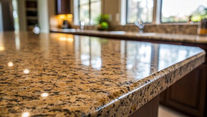 Aufkleber - A medium closeup shot capturing the rich texture of a polished granite countertop with natural light reflecting off its surface.