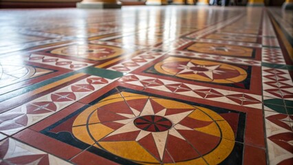 Poster - A medium closeup shot capturing the texture of a finished tiled floor featuring bold geometric designs reflecting natural light and showcasing antislip properties.