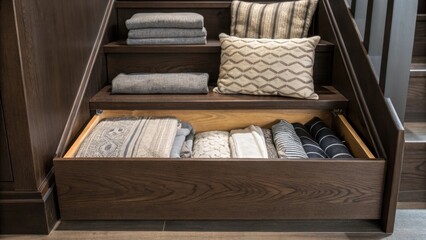Poster - A medium closeup shot of an understair drawer system featuring a dark wood finish with an open drawer displaying neatly folded blankets and decorative pillows.