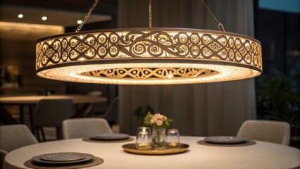 Aufkleber - A medium closeup shot showcasing the intricate design of a suspended light ring featuring decorative filigree and the warm glow of integrated LED lights illuminating a stylish