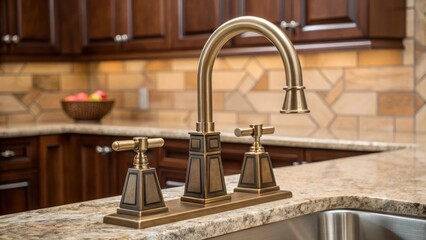 Poster - A medium closeup showcases a stylish dualhandle faucet with geometrical shapes blending modern aesthetics with classic utility in a warmtoned kitchen.