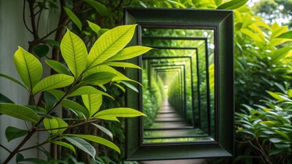 Poster - A medium closeup showcasing a vibrant plant beside an infinity mirror the greenery reflecting endlessly