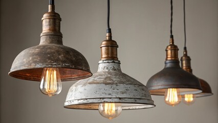 Aufkleber - A medium closeup showcasing a of pendant lights with a distressed finish their varying heights creating dynamic lighting while emphasizing industrial aesthetic elements.