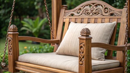 Aufkleber - A medium closeup showcasing the craftsmanship of a wooden swing chair with intricate details on the armrests and a cozy cushion p against a backdrop of lush greenery.