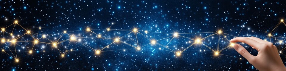 Poster - hand reaching out to luminous network on starry background, concept of networking, technology