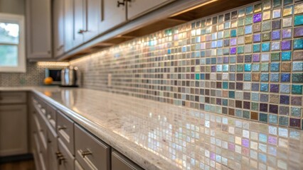Poster - A medium closeup showing a completed section of a kitchen backsplash with an array of gleaming mosaic tiles catching the light and displaying their depth.