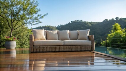 Aufkleber - A medium closeup showing a set of durable outdoor furniture atop polished decking with a focus on the inviting cushions and the seamless integration with the surrounding