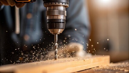Poster - A medium closeup showing the technician using a drill to create a hole for the light fixture with focus on the tool and bits surrounded by dust particles.