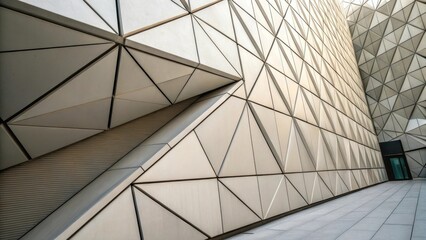Poster - A medium closeup showing the intersection of geometric wall panels where one angular section gently pulls away to uncover a hidden space emphasizing modern architectural