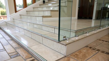 Leinwandbilder - A medium closeup view of the transition between the glass risers and a tiled landing highlighting the seamless integration of materials and the polished finish of both surfaces.