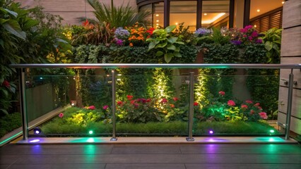 Aufkleber - A midrange shot of a lush balcony garden with a glass railing lit with colorful integrated lights showcasing vibrant plant life against the illuminated background.