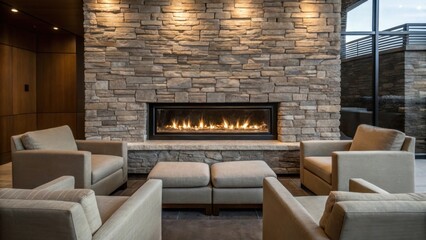 Poster - A modern linear fireplace integrated into a stone feature wall surrounded by plush neutraltoned seating that invites relaxation and social interaction.