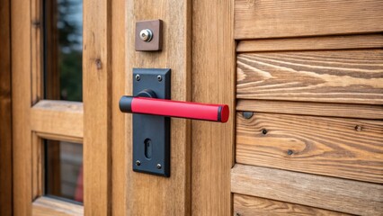 Aufkleber - A modern handle featuring a vibrant color sits atop a rustic door creating an eyecatching contrast that signals a bold design choice.