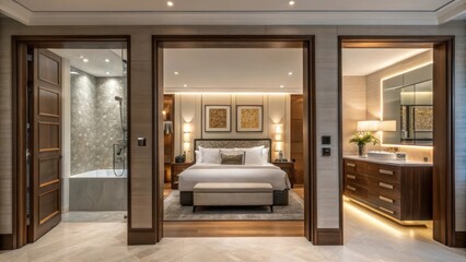 Poster - A modern master bedroom transitioning seamlessly into the bathroom featuring open doors that allow a glimpse of elegant decor and soft lighting.