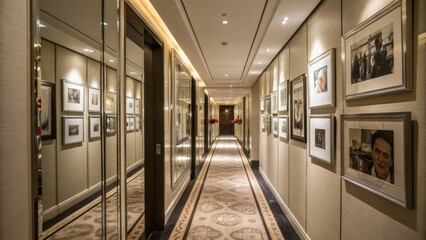 Fototapete - A narrow hallway with mirrored walls reflecting artwork and family photos visually elongating the space while adding a stylish flair.