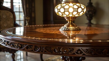 Poster - An artistic closeup of a beautifully crafted table with a glossy finish accentuated by an ornate light fixture casting playful reflections across the surface.