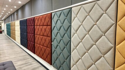 Aufkleber - An array of upholstered wall panels in varying colors and fabrics tightly arranged to illustrate a visually striking acousticenhancing design.