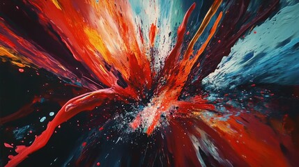 Poster - Abstract creative painting in action, with dynamic, colorful splashes and brush strokes, captured in a top-down view to showcase the artistic expression and energy.