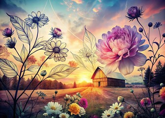 Wall Mural - Elegant Black Line Art Farm Floral Background Double Exposure Stock Photo