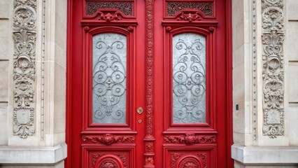 Aufkleber - An elegant closeup of a vibrant red double door featuring intricate carvings and a frosted glass panel at the center framed by decorative stonework.