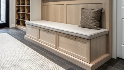 Aufkleber - An elegant medium closeup of a modern entryway showcasing a sleek minimalist builtin storage bench with clean lines and a light wood finish complementing a monochromatic color