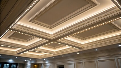 Fototapete - An elegant medium closeup of a coffered ceiling with recessed LED strips running along the edges enhancing the depth and texture of the design.