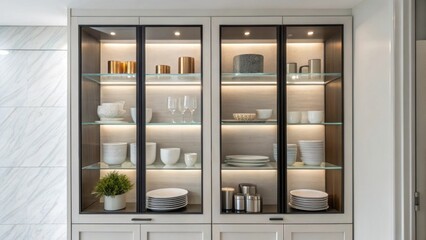 Aufkleber - An image showcasing a clean contemporary recessed shelf with glass doors reflecting a modern aesthetic filled with neatly arranged ceramics and minimalistic decor.