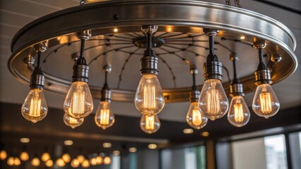 Poster - An image capturing the details of a polished steel ceiling fixture featuring a of vintage Edison bulbs each casting soft ambient light that enhances surrounding decor.