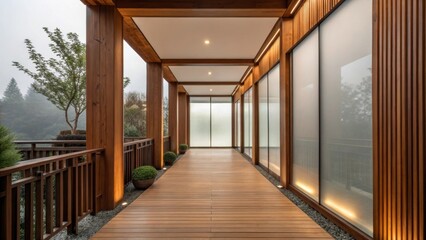 Aufkleber - An elegant walk is surrounded by warm wood accents and a large frosted glass panel seamlessly blending modern aesthetics with a touch of nature.