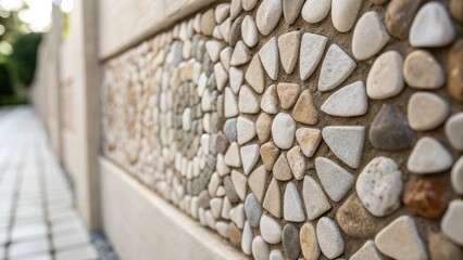 Aufkleber - An intimate view of small hand stone pieces seamlessly arranged to form an artistic mosaic on the wall adding a unique focal point while maintaining a minimalist aesthetic.