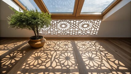 Poster - An intricate shot of sunlight casting geometric patterns on the wooden floor through a skylight with a decorative plant adding a touch of greenery.