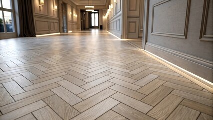 Aufkleber - An intricate detail of modern flooring patterns featuring a herringbone layout complemented by soft uplighting that accentuates the depth and texture.