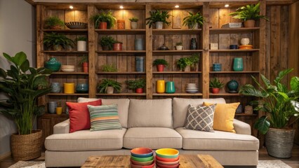 Aufkleber - An inviting space featuring open shelves made from reclaimed wood filled with houseplants and colorful ceramic dishes alongside a sectional sofa that encourages relaxation.